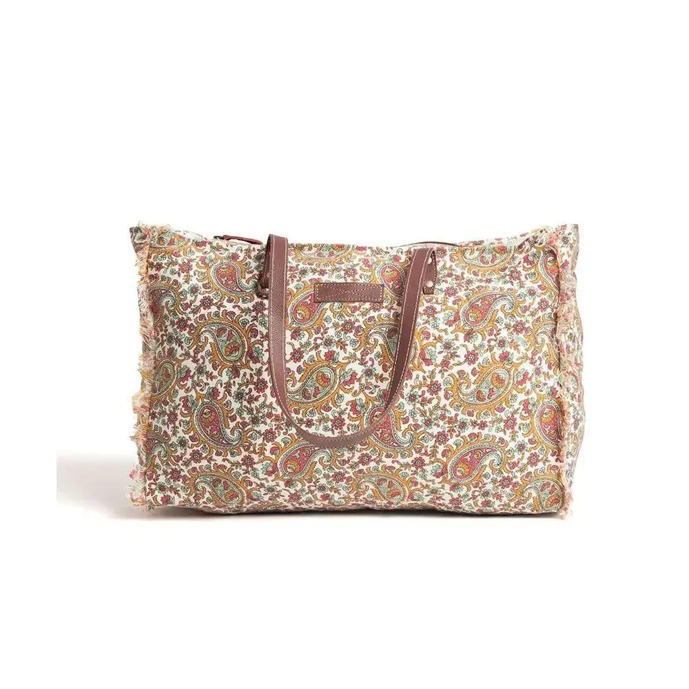 Myra Bag Handmade Paisley Pointe Weekender Bag Upcycled Canvas & Cowhide Leather